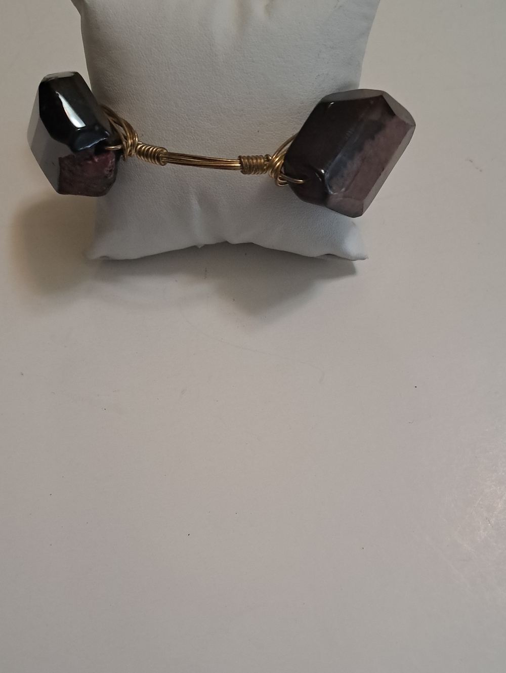 Faceted Hematite Stone Cuff Bracelet in Dark Purple with Gold Wire